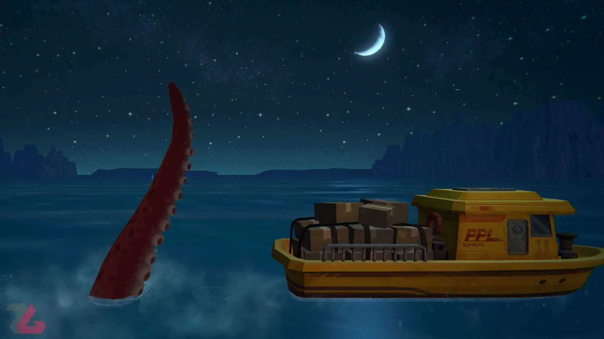 پای اختاپوس عظیم الجثه در شب مهتابی کنار قایق در بازی Dave the Diver