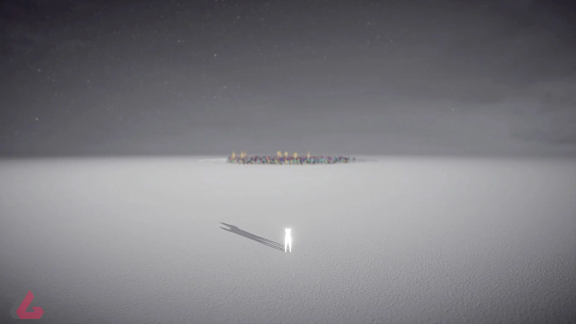 نگاه شیبا اینو نورانی از دور به گروهی از انسان ها در بازی Humanity (هیومنیتی)، محصول سال ۲۰۲۳ میلادی برای پلی استیشن 5، پلی استیشن 4 و کامپیوتر